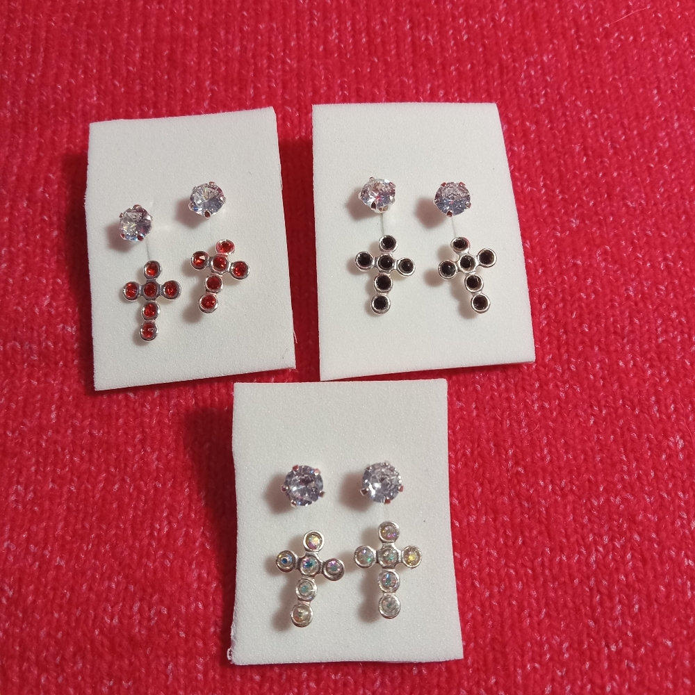 Womens 925 Sterling Silver lot of 3 CZ Crystal Religious Cross Drop‎  Earrings